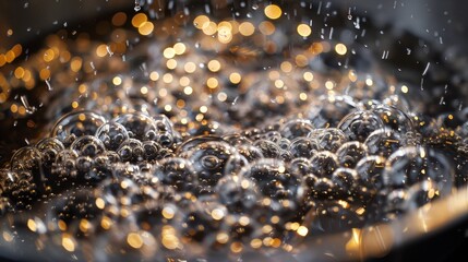 Vigorous bubbles in a shiny metal pot heating on a modern cooktop. Enthralling brilliance of boiling water amidst a warm glow - obrazy, fototapety, plakaty