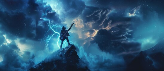 Rockstar Standing on Top of Mountain Under Cloudy Sky - obrazy, fototapety, plakaty