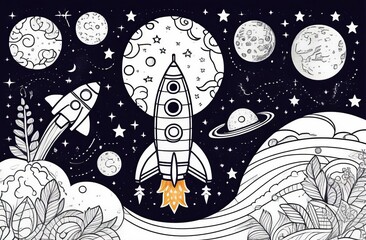 The rocket flies to the moon coloring book. Antistress planet, earth and moon illustration in zentangle style.