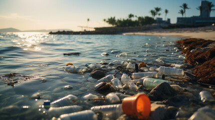 Environmental issues. Plastic waste on the seashore. 