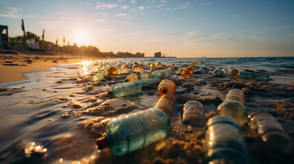 Environmental issues. Plastic waste on the seashore. 
