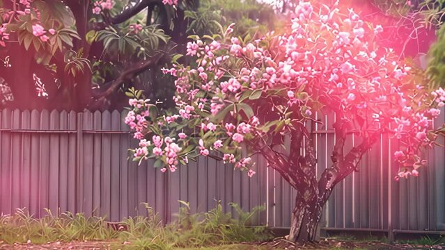 Video animation of serene scene of a blossoming tree with delicate pink flowers. The tree stands against a wooden fence, its branches adorned with a mix of open blossoms and buds