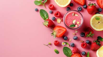 Fresh Strawberry, Lemon, and Blueberry Smoothie on Pink