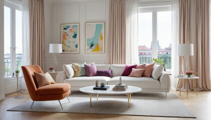 Fototapeta premium modern white luxury home interior design living room soft cosy sofa furniture with colorful artwork pinting photo frame accent on the wall with light from window curtain house beautiful,ai generate