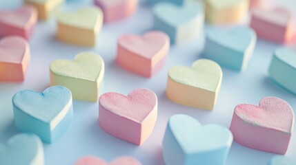 Fototapeta na wymiar assortment of pastel-colored heart-shaped candies on a soft background, ideal for confectionery marketing or Valentine's Day-themed projects.