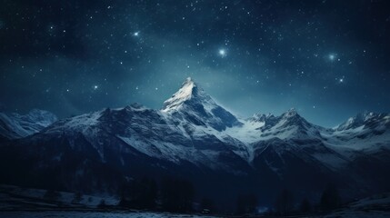 A majestic mountain peak under a starry night sky, an awe-inspiring image for nature-themed designs or adventure travel promotion.