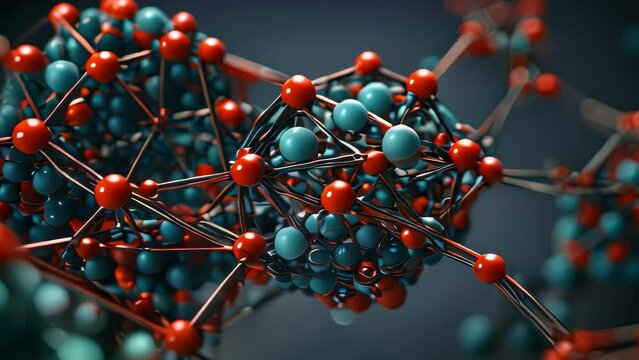 Video animation of molecular structure, showcasing the complex arrangement of atoms and bonds. The blue and red spheres represent different types of atoms