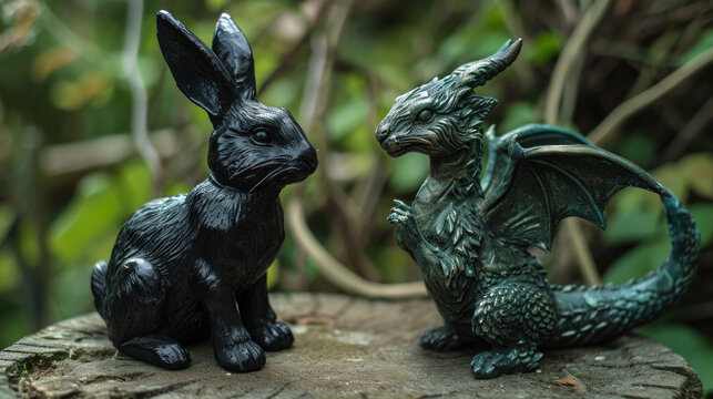 sculptures of a black rabbit and a green dragon, possibly intended for fantasy storytelling or garden ornament showcases.