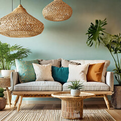 Eco-style living room interior with Japandi-style accessories