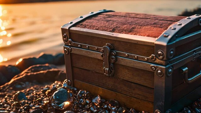 Video animation of wooden treasure chest with metal accents and a lock sitting on a pebble-filled beach during sunset. The sun casts a warm golden glow on the scene