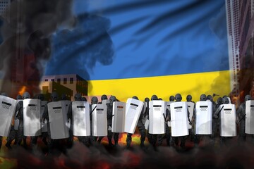 Ukraine protest stopping concept, police swat on city street are protecting order against revolt - military 3D Illustration on flag background