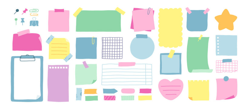 Paper notes, stickers, sticky sheets and tape set. To do list, memo messages with curled corner, notepads and torn paper with pin