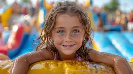 portrait of a girl in a water  playground