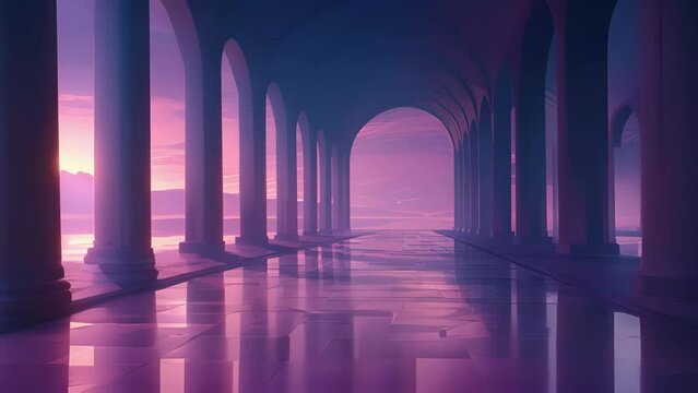 A majestic structure adorned with cables and arches casting long shadows over the tranquil waters as the sky transforms into a dreamy purple haze.