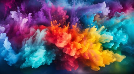 Fototapeta na wymiar Happy Holi: Colorful Powder Explosion in the Air with Vibrant Background