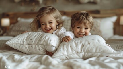 little girl and little boy are fighting with pillows in white pajamas with long sleeves in modern badroom - 763249837