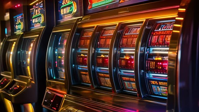Video animation of  row of colorful and illuminated slot machines in a casino, inviting players to try their luck.