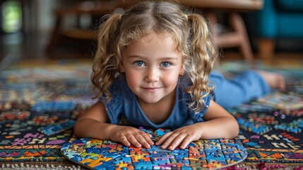 little girl sitting a floor and solving jigsaw puzzle