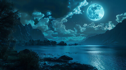 Fototapeta na wymiar Moonlight night view at a beautiful fantasy unreal landscape. Generative Ai