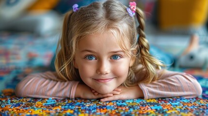 little girl sitting a floor and solving jigsaw puzzle