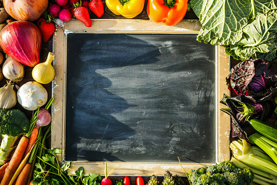Vegetarian, vegan food, blank chalk board on table, flat lay
