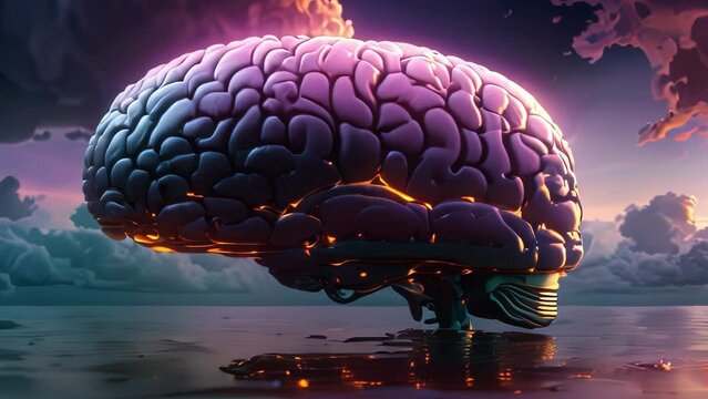 Video animation of glowing brain suspended above a reflective surface. The brain emits an otherworldly light from within, illuminating its intricate neural pathways