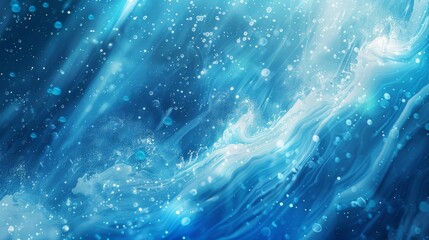 An underwater perspective of blue ocean waves, accentuated with bubbles and beams of light, perfect for serene backgrounds 