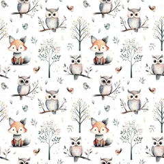 Watercolor seamless pattern with forest animals and foliage isolated on white background.