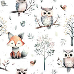 Watercolor woodland childish seamless pattern with fox, owls, trees and birds isolated on white background.