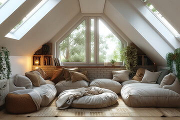 attic interior design in white and brown tones in Scandinavian style