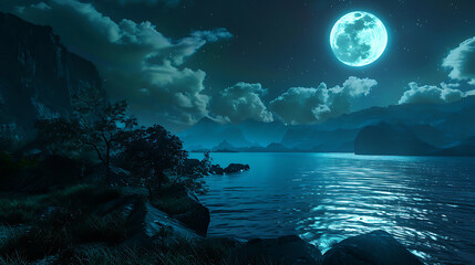 Obraz na płótnie Canvas Moonlight night view at a beautiful fantasy unreal landscape. Generative Ai