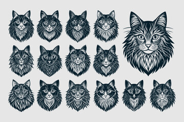 Portrait of hand drawing norwegian forest cat head design vector set
