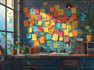 Vibrant Brainstorming Session with Colorful Post-it Notes Adorning a Rustic Brick Wall in a Creative Office Space