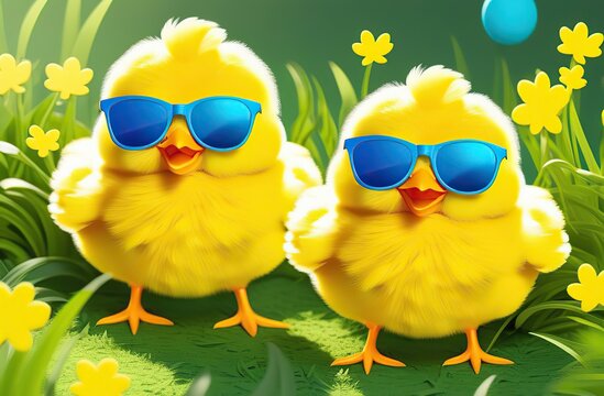 two yellow chicks with blue sunglasses bang, natural background, bright sun, young greenery. easter concept	
