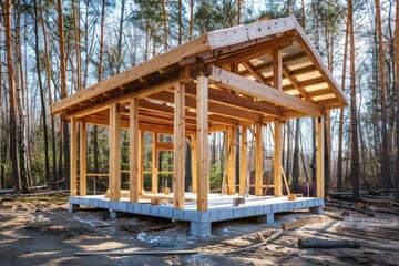 Fototapeta na wymiar Construction of a frame wooden house in the nature