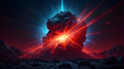 Abstract space background with vivid colors, a flaming comet, flash, and a laser passing through the stone The electric discharge startled the design. Vector artwork depicting electricity, power,