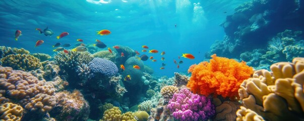 underwater views with various types of fish and beautiful coral reefs - obrazy, fototapety, plakaty