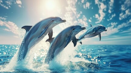 Fototapeta premium Beautiful bottlenose dolphins jumping out of sea with clear blue water on sunny day