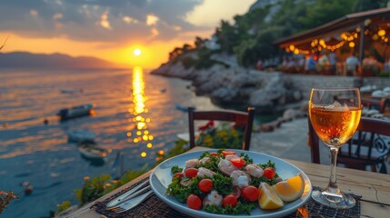 seafood in taverna with view sea - obrazy, fototapety, plakaty