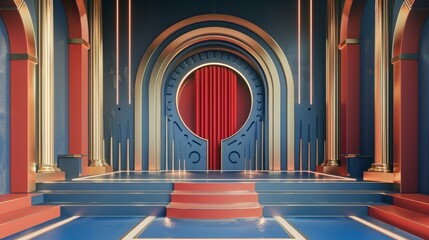 Futuristic Art Deco Auditorium with Red Curtain and Neon Lighting
