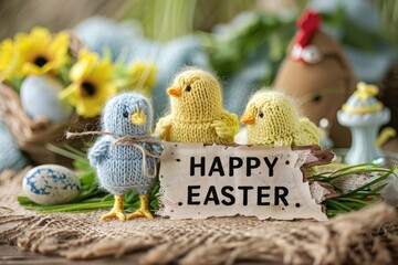 Knitted small chickens on a natural background. Happy Easter