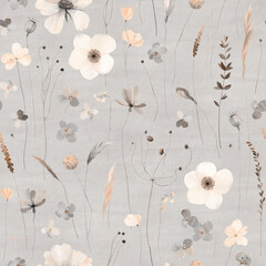 Cute watercolor pattern with flowers. Vintage watercolor textile print. Grey background.
