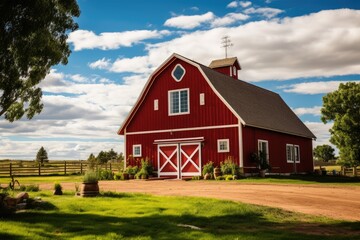 Fototapeta na wymiar Red barn on farm landscape
