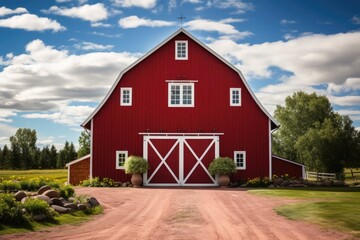 Fototapeta na wymiar Red barn on farm landscape