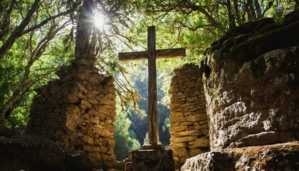 Wooden Cross Amidst Ancient Ruins in the Forest