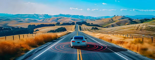 Fotobehang A car driving on a secondary road with the sensors activated. Artificial intelligence. Autonomous driving. © TopMicrobialStock