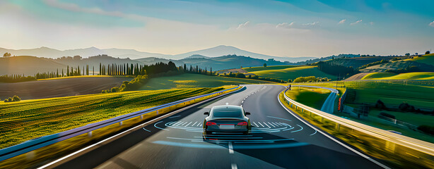 A car driving on a secondary road with the sensors activated. Artificial intelligence. Autonomous driving.