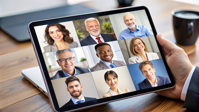 Close-up of a digital tablet depicting a virtual business conference