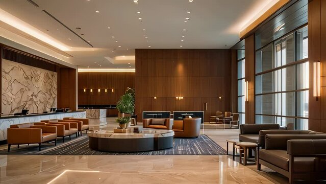 Video animation of spacious and well-lit hotel lobby, characterized by its modern design, luxurious furniture, and artistic elements