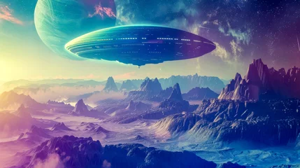 Fotobehang Majestic alien spaceship hovering over a distant planet landscape © edojob